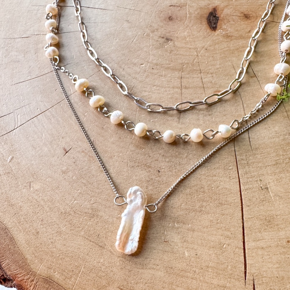 Avant Long Baroque Pearl Bead Silver Layered Chain Minimal Necklace